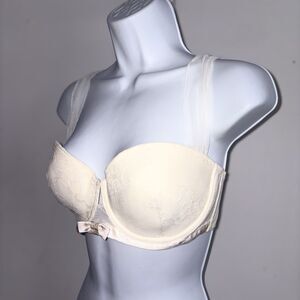 Victoria's Secret Ivory Balconette Lace Overlay Bra Sz 36D Underwire Mesh Straps